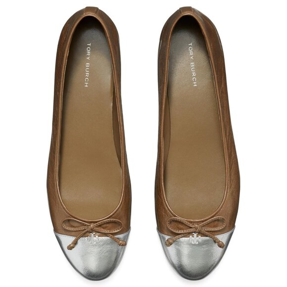 ✨ NEW Tory Burch Cap-Toe Ballet Flats – Tan & Silver – Size 7.5 ($248) - Picture 3 of 4